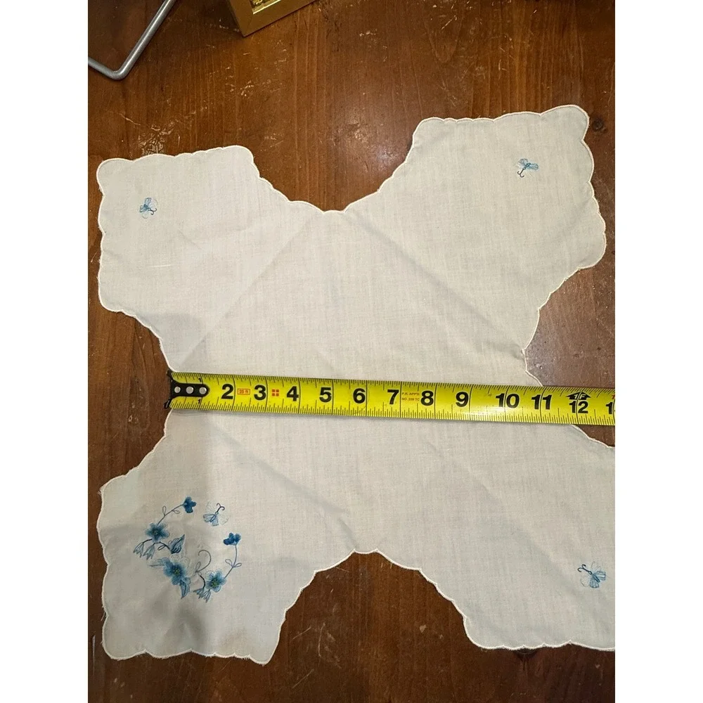 Vintage White Linen Scalloped X-Shape Table Topper Blue Floral Butterfly 21in